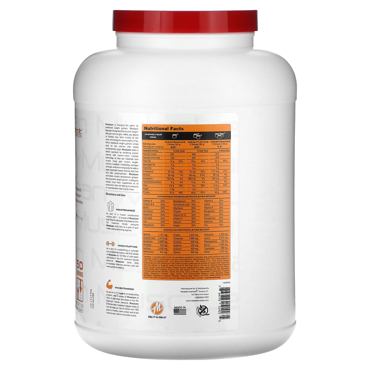 Metabolic Nutrition, MuscLean, Lean Muscle Weight Gainer, Peanut Butter Milkshake, 5 lb - Image 2