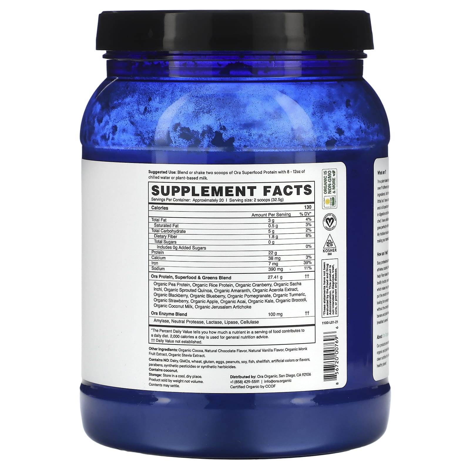 Ora, So Lean & So Clean, Plant-Based Superfood Protein, Chocolate, 22.9 oz (650 g) - Image 2