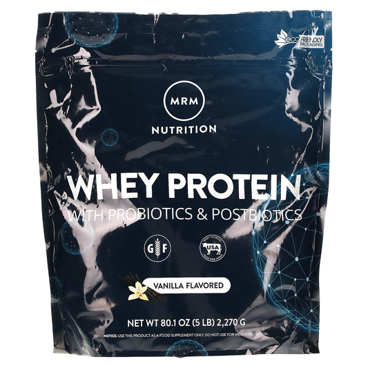 MRM Nutrition, Whey Protein with Probiotics & Postbiotics, Vanilla, 80.1 oz (2,270 g) - Image 1