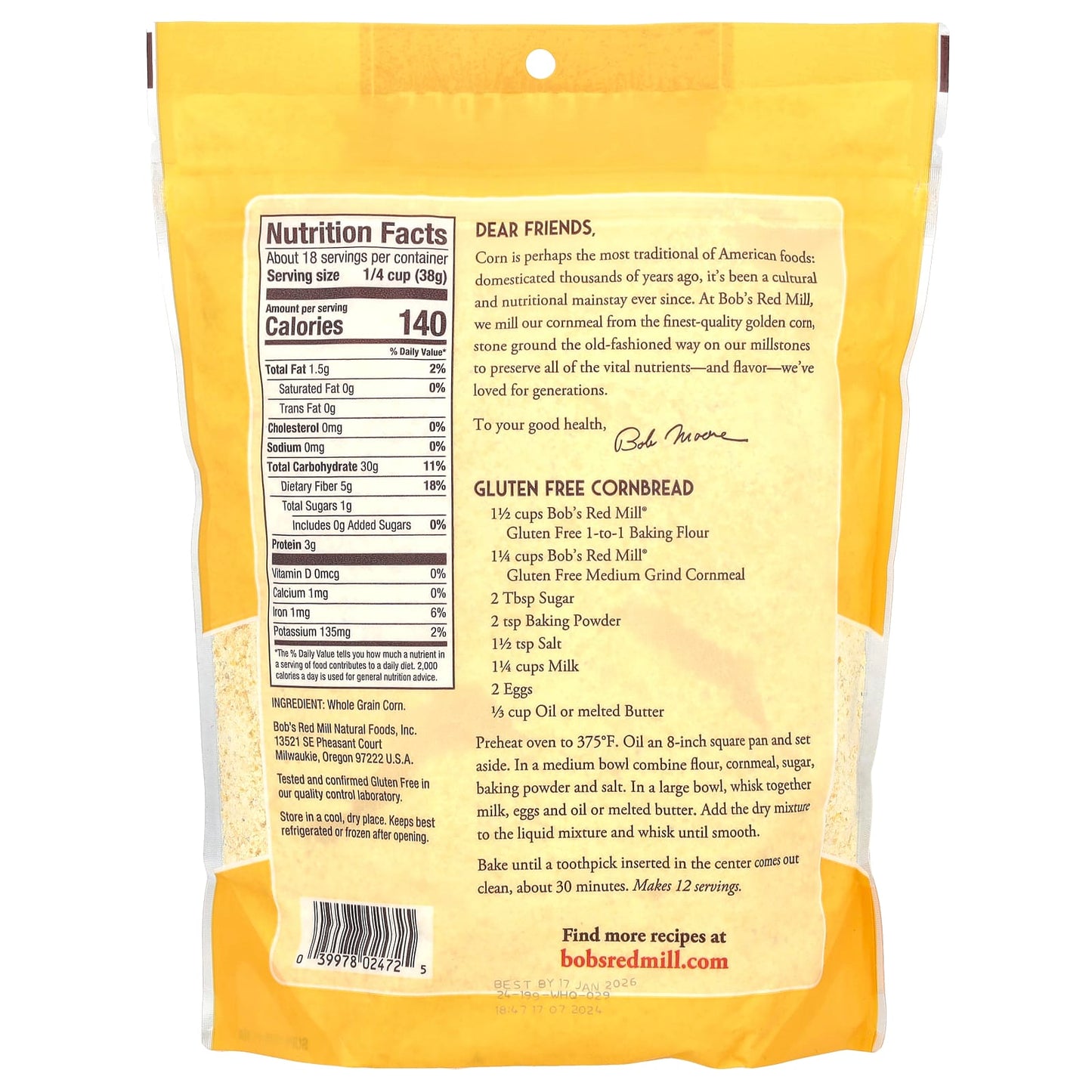 Stone Ground Whole Grain Cornmeal by Bob's Red Mill, 24 oz (680g) - Image 2