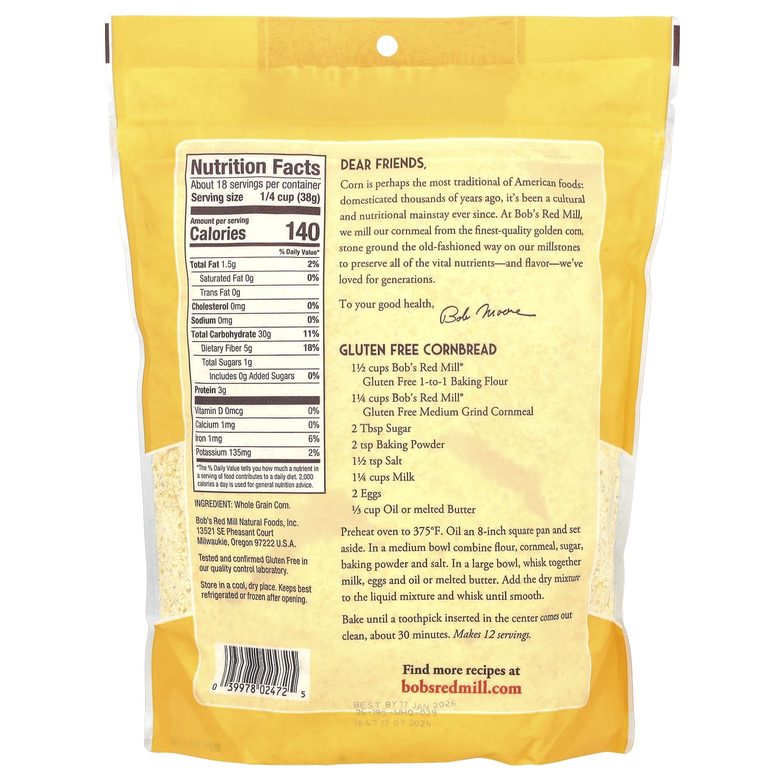 Stone Ground Whole Grain Cornmeal by Bob's Red Mill, 24 oz (680g) - Image 2