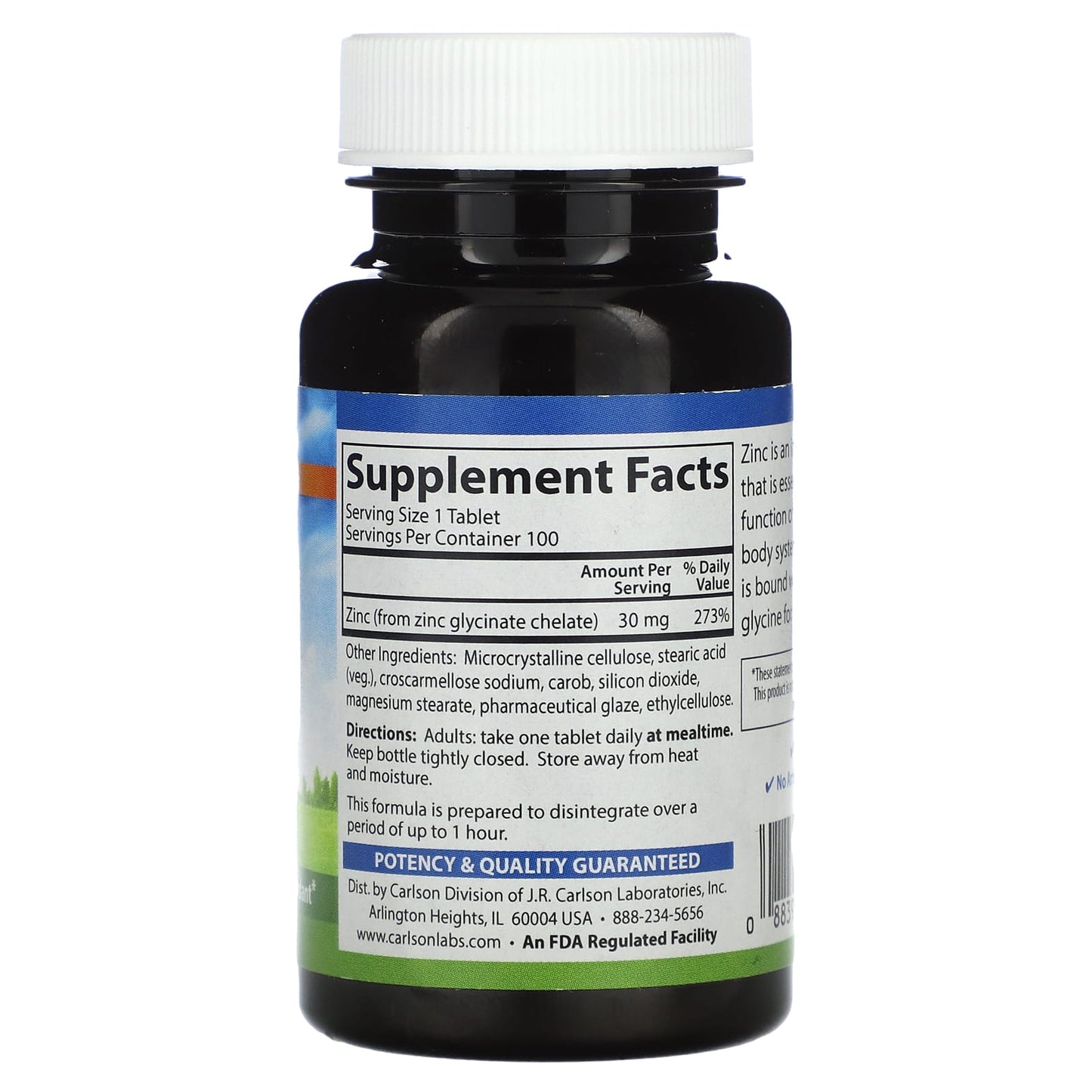 Carlson Chelated Zinc Supplement 30mg, 100 Tablets for Immune Support - Image 2