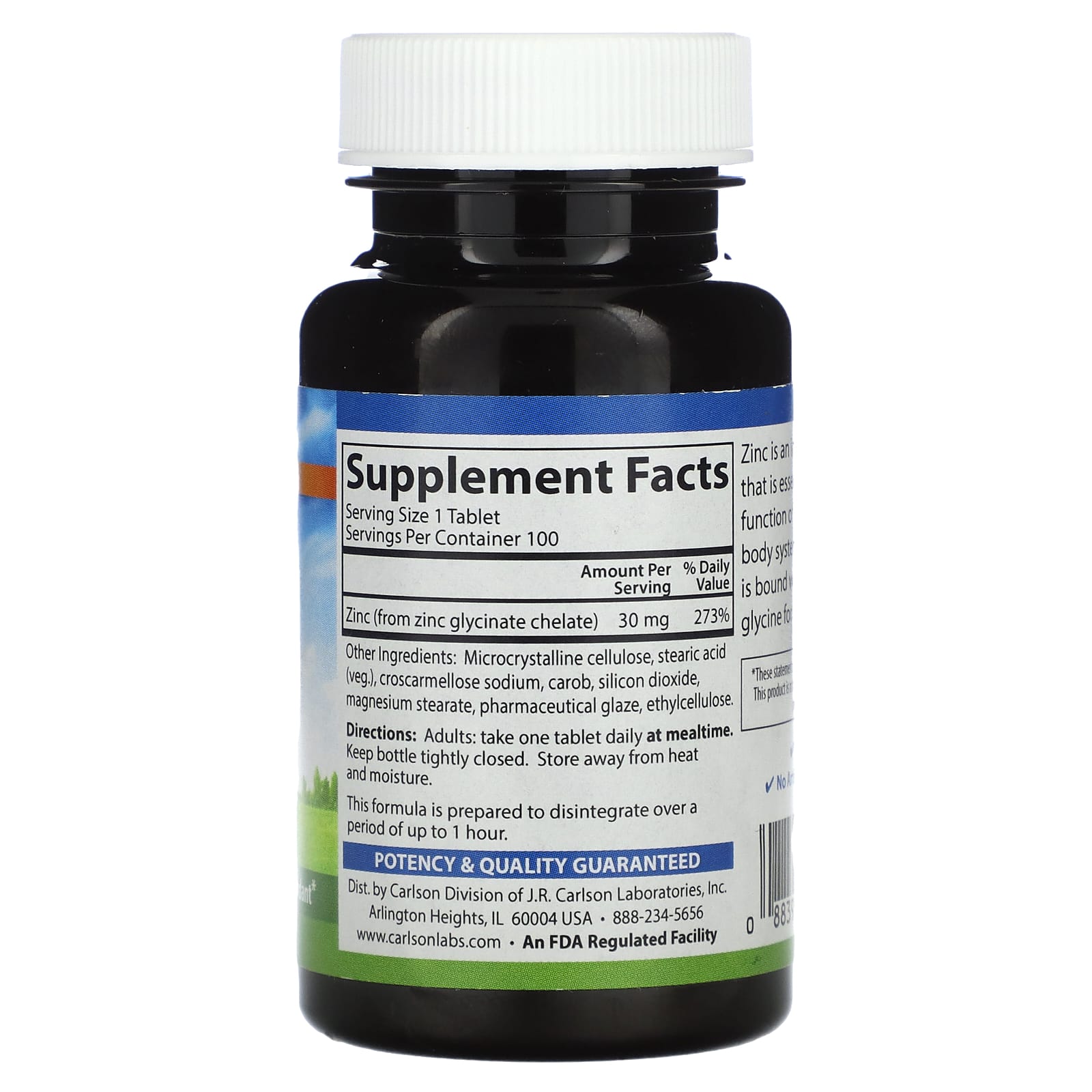 Carlson Chelated Zinc Supplement 30mg, 100 Tablets for Immune Support - Image 2