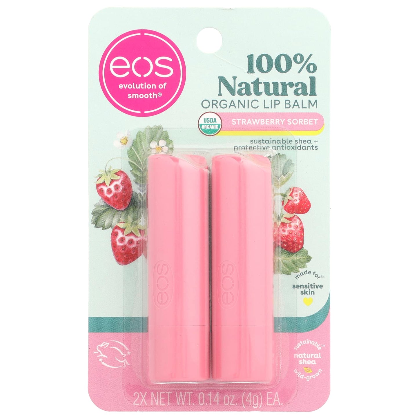 Natural Organic Lip Balm, Strawberry Sorbet, 2 Pack, Sensitive Skin, 0.14 oz Each - Image 2