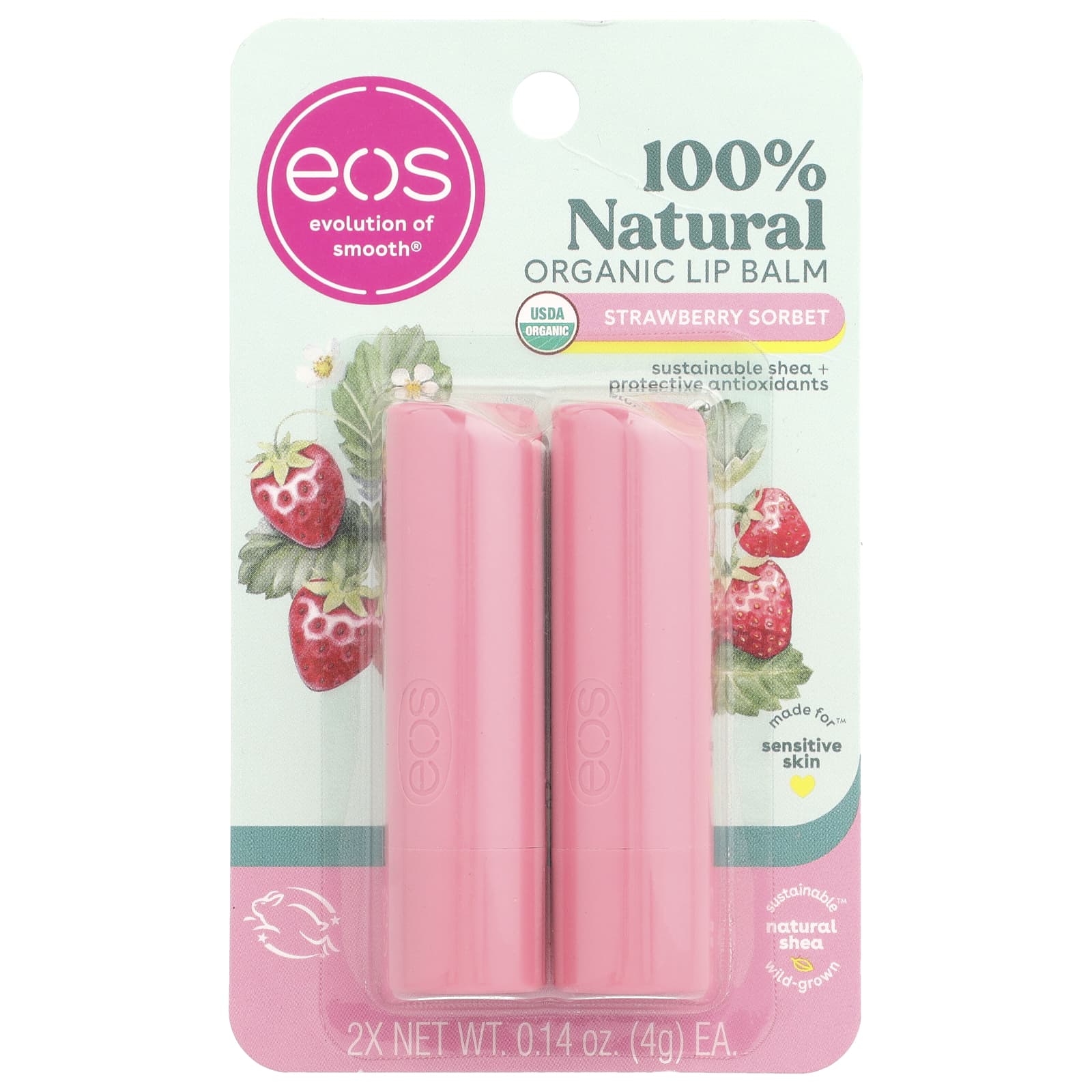 Natural Organic Lip Balm, Strawberry Sorbet, 2 Pack, Sensitive Skin, 0.14 oz Each - Image 2