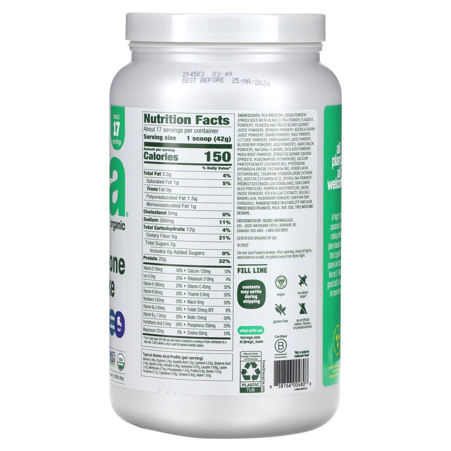 Vega, Plant-Based Organic All-In-One Shake, Chocolate, 1 lb 9 oz (708 g) - Image 2