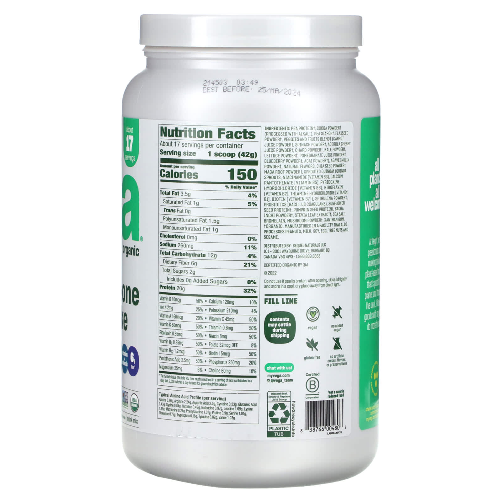 Vega, Plant-Based Organic All-In-One Shake, Chocolate, 1 lb 9 oz (708 g) - Image 2