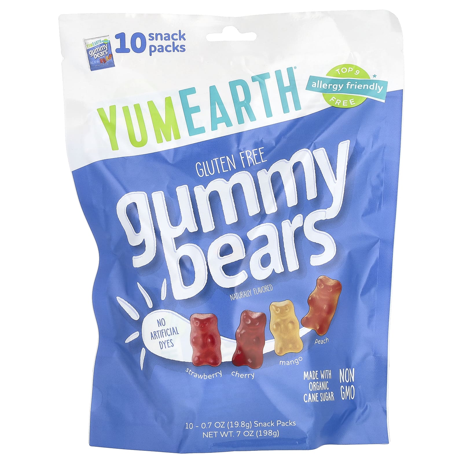 YumEarth, Gluten Free Gummy Bears, Strawberry, Cherry, Mango, Peach, 10 Snack Packs, 0.7 oz (19.8 g) Each - Image 1
