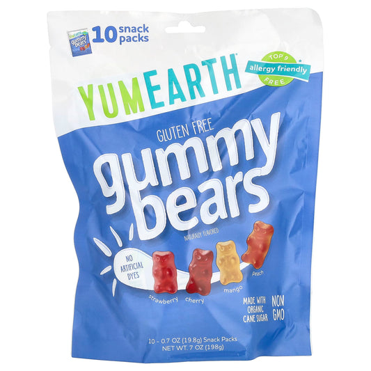 YumEarth, Gluten Free Gummy Bears, Strawberry, Cherry, Mango, Peach, 10 Snack Packs, 0.7 oz (19.8 g) Each - Image 1