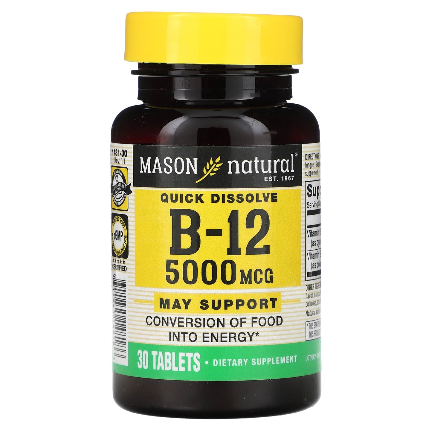 Mason Natural, Quick Dissolve, Vitamin B-12, 5,000 mcg, 30 Tablets - Image 1