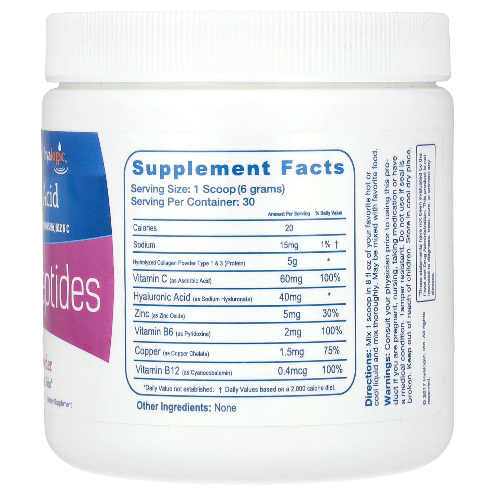 Hyalogic, HA Collagen Peptide Powder, Unflavored, 6.4 oz (180 g)