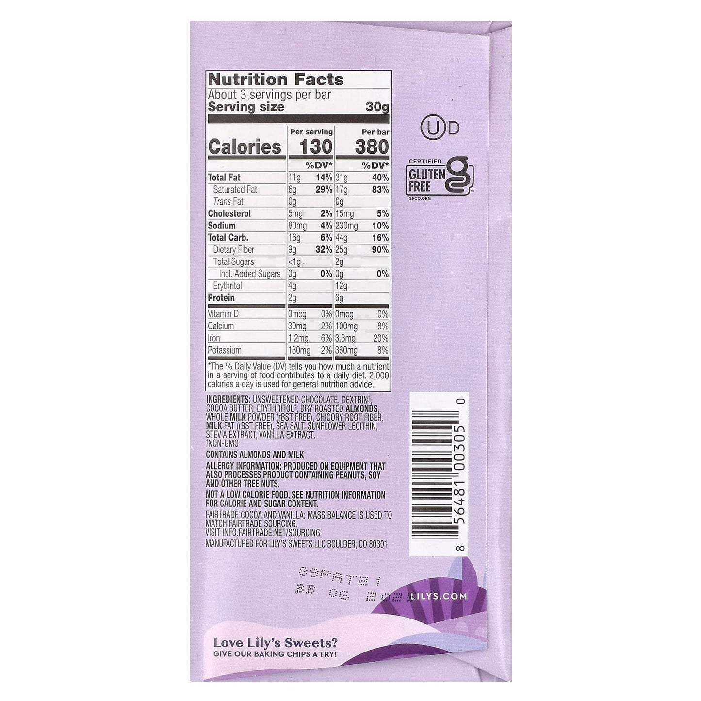 Lily's Sweets, 40% Cocoa Milk Chocolate Style, Salted Almond, 3 oz (85 g) - Image 2
