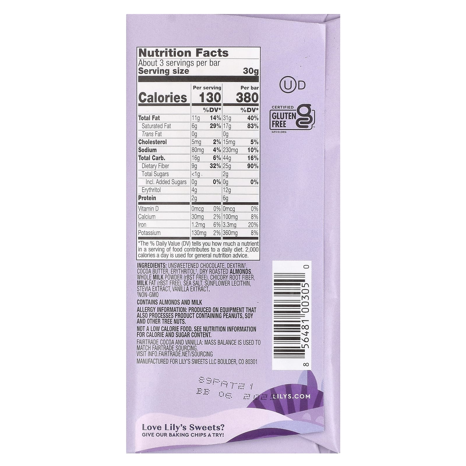 Lily's Sweets, 40% Cocoa Milk Chocolate Style, Salted Almond, 3 oz (85 g) - Image 2