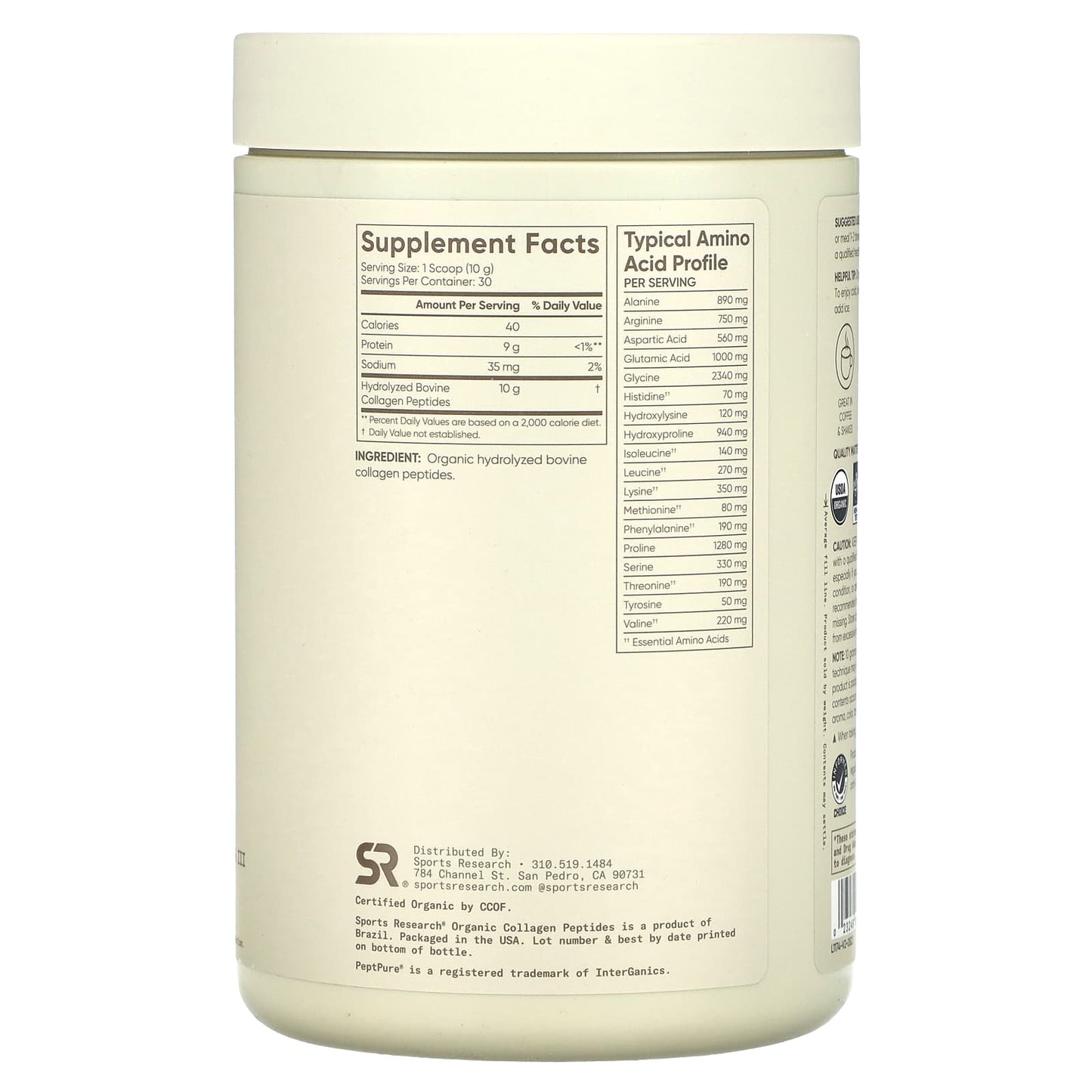 Sports Research, Organic Collagen Peptides, Unflavored, 10.58 oz (300 g) - Image 2