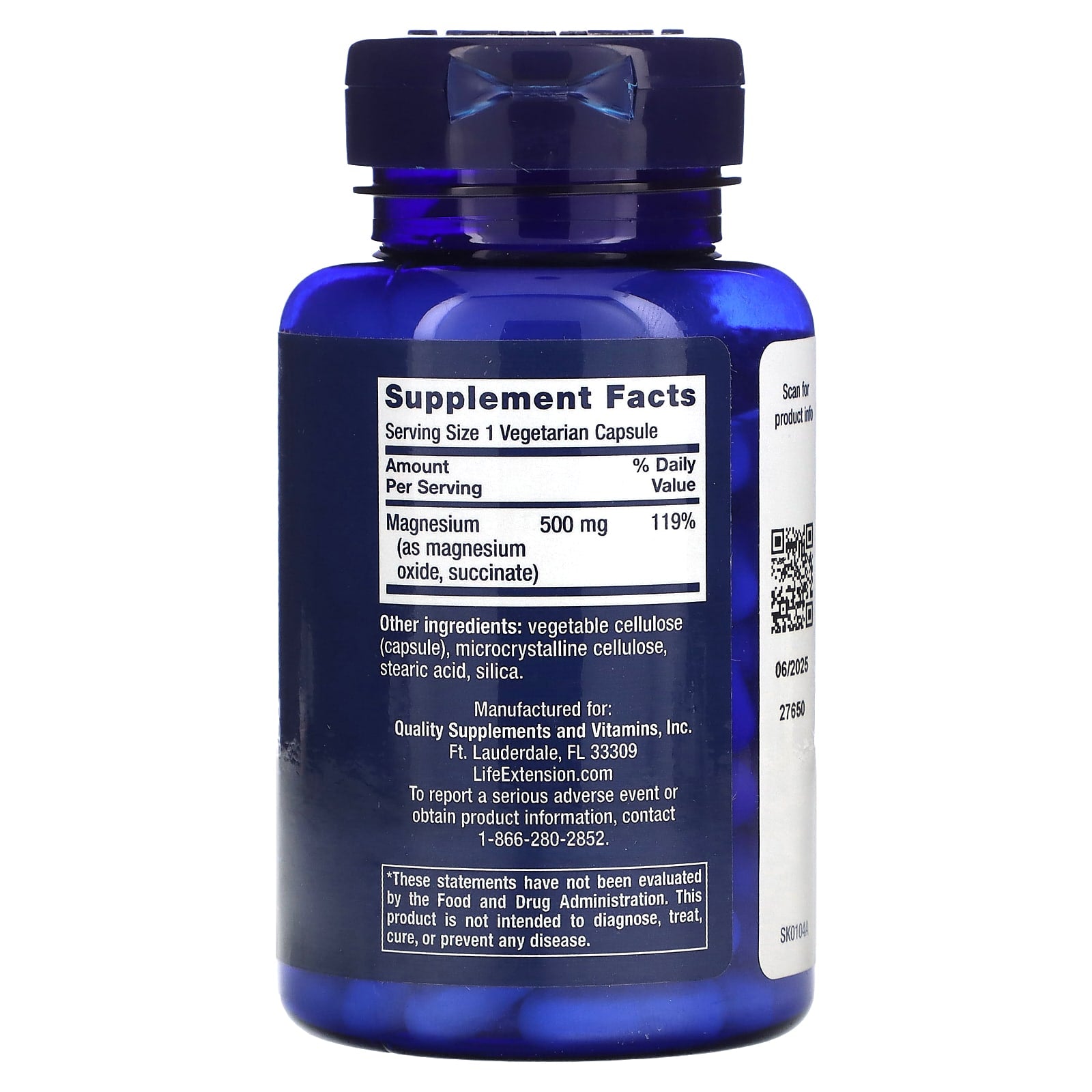 Life Extension, Magnesium Caps , 500 mg, 100 Vegetarian Capsules - Image 2