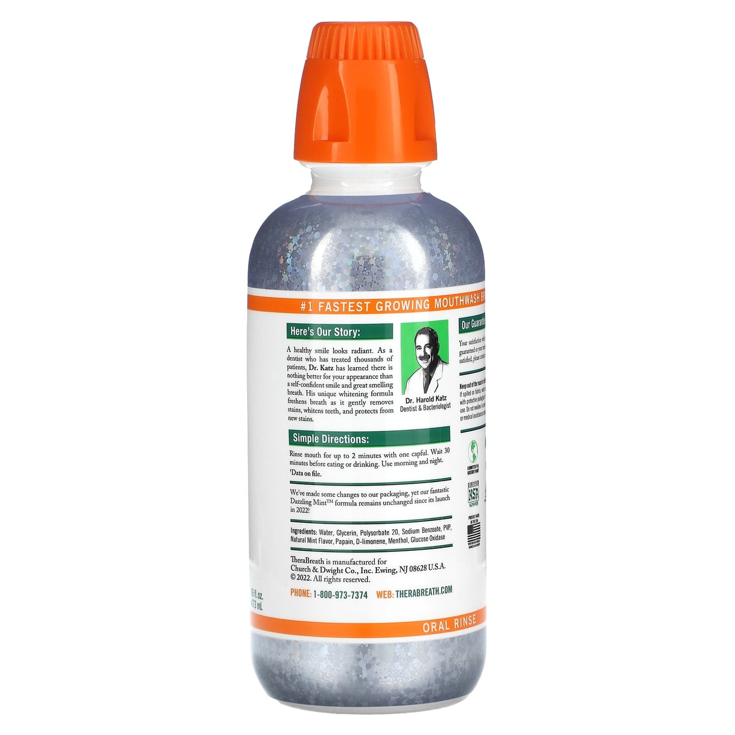 TheraBreath, Whitening Fresh Breath Oral Rinse, Dazzling Mint, 16 fl oz (473 ml) - Image 2
