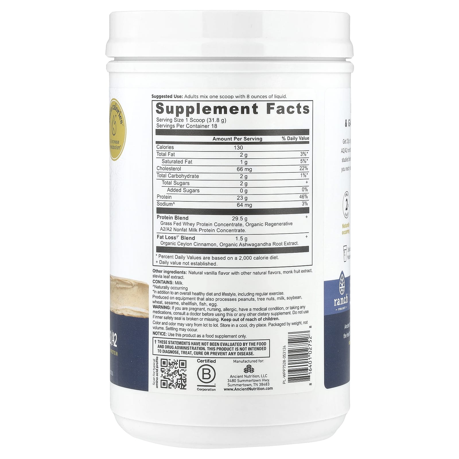 Ancient Nutrition Whey Protein Fat Loss Blend, Vanilla Cinnamon, 1.26 lb - Image 2