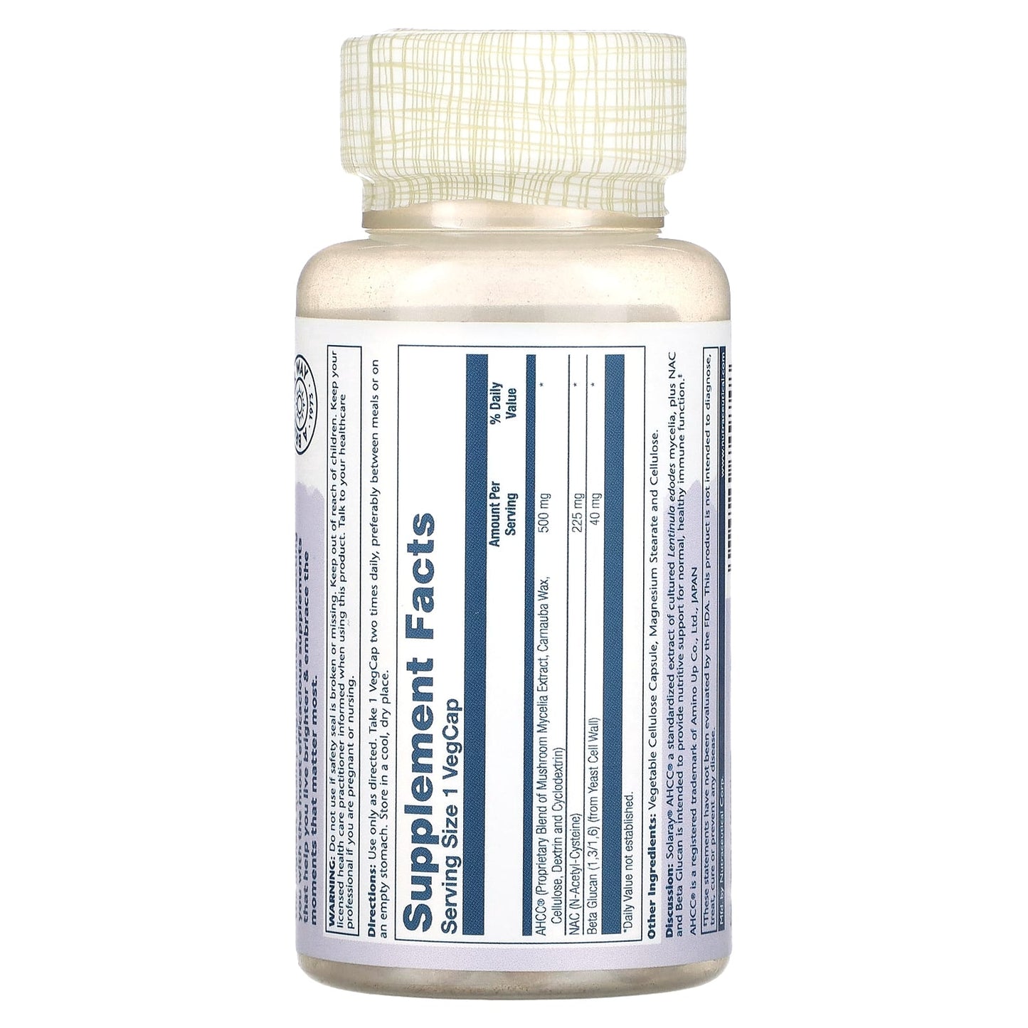 Solaray, AHCC Plus NAC & Beta Glucan With Mushroom Mycelia Extract, 30 Vegecaps - Image 2