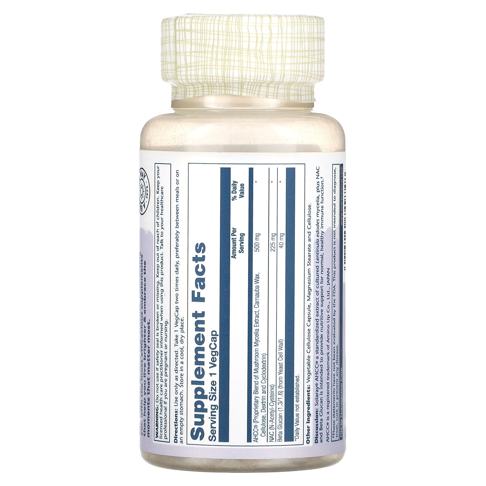 Solaray, AHCC Plus NAC & Beta Glucan With Mushroom Mycelia Extract, 30 Vegecaps - Image 2