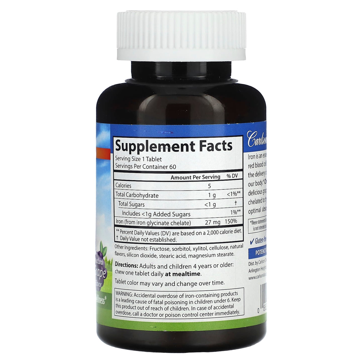 Carlson Chewable Iron Natural Grape 27mg 60 Tablets for Optimal Wellness - Image 2