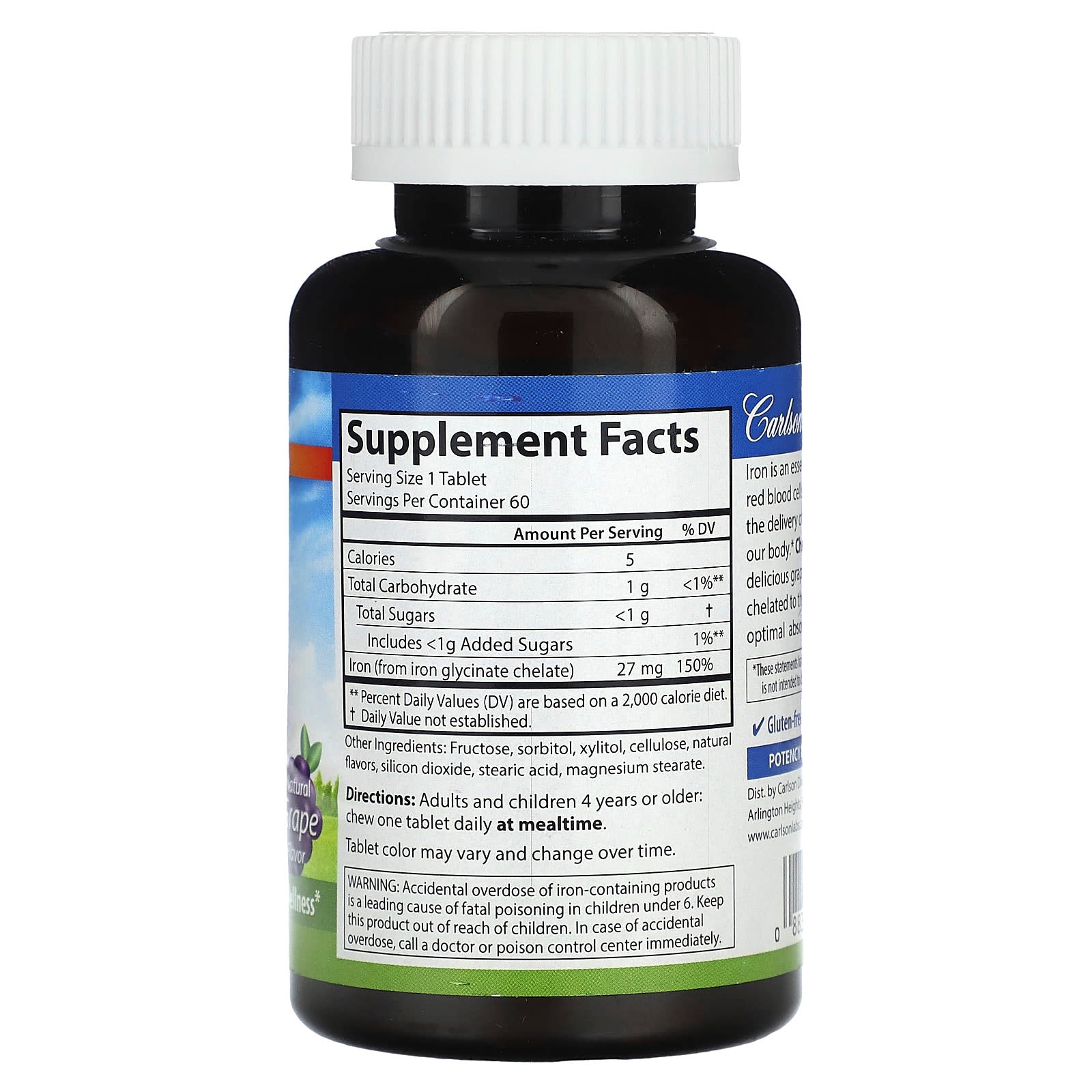 Carlson Chewable Iron Natural Grape 27mg 60 Tablets for Optimal Wellness - Image 2