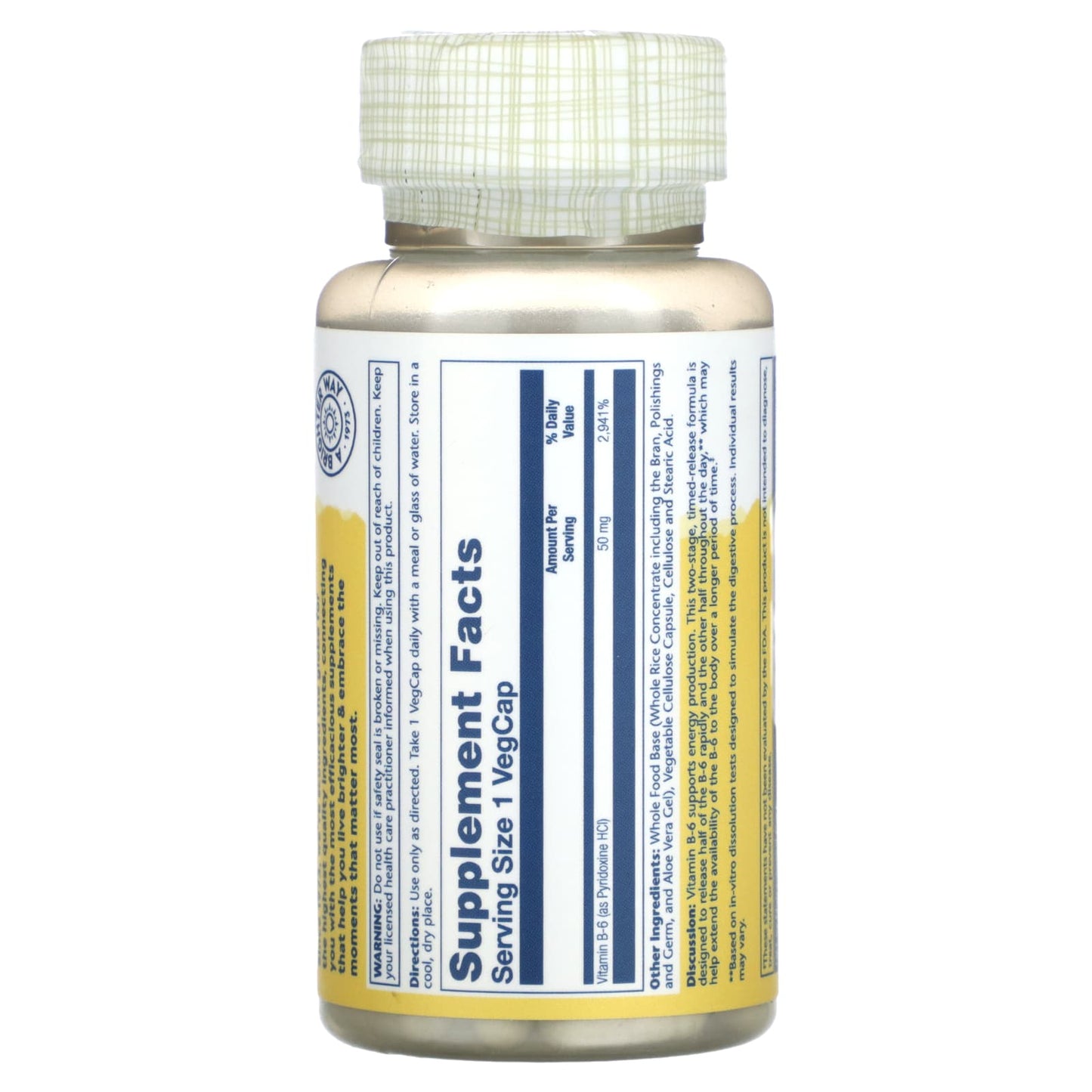 Solaray, Timed Release, Vitamin B-6, 50 mg , 60 VegCaps - Image 2