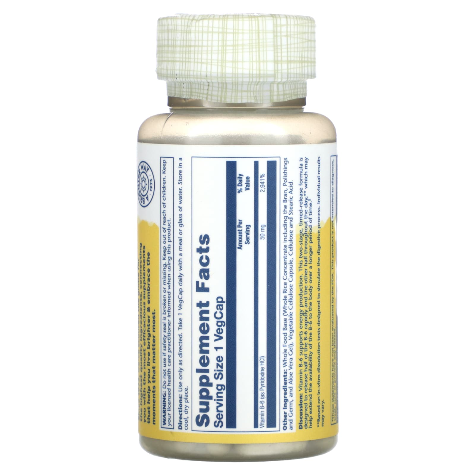 Solaray, Timed Release, Vitamin B-6, 50 mg , 60 VegCaps - Image 2