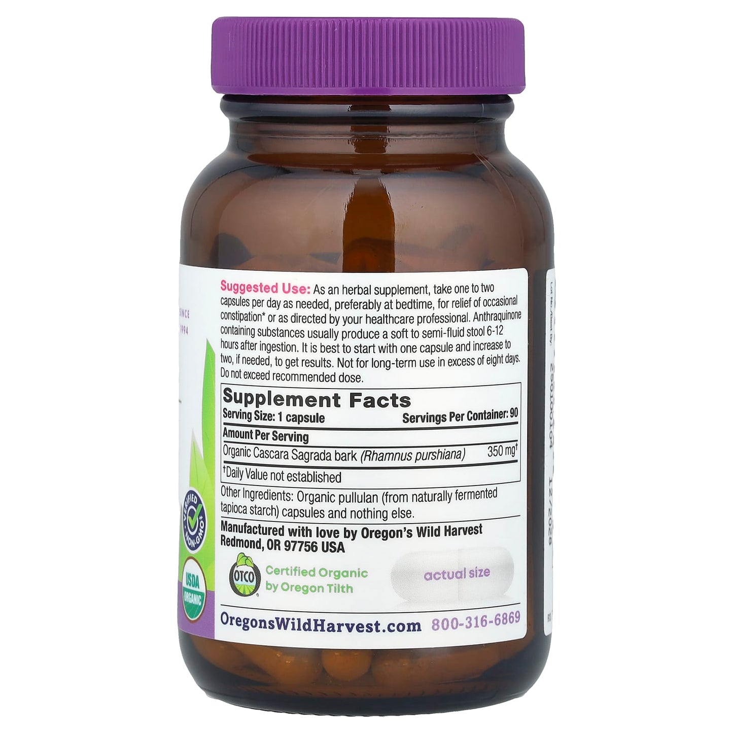 Oregon's Wild Harvest, Organic Cascara Sagrada , 90 Organic Vegan Capsules - Image 2