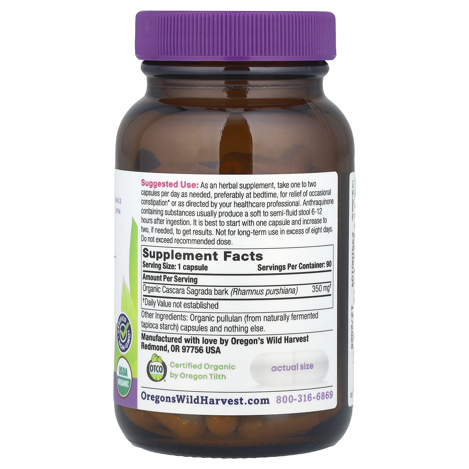Oregon's Wild Harvest, Organic Cascara Sagrada , 90 Organic Vegan Capsules - Image 2