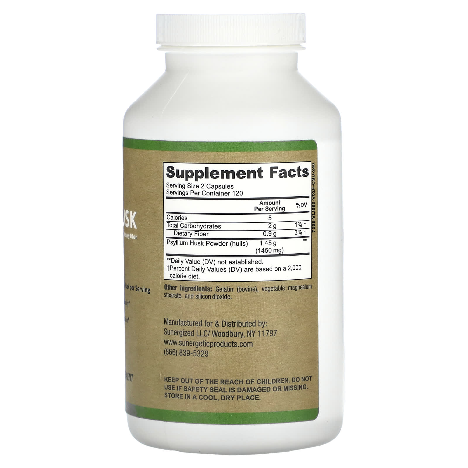 Sunergetic, Psyllium Husk Dietary Fiber, 240 Capsules (725 mg per Capsule)