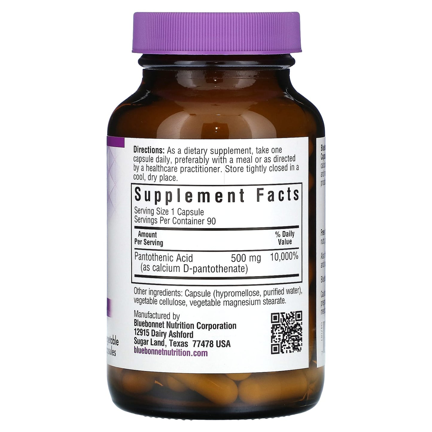 Pantothenic Acid Supplement by Bluebonnet Nutrition - 500 mg, 90 Veg Capsules - Image 2
