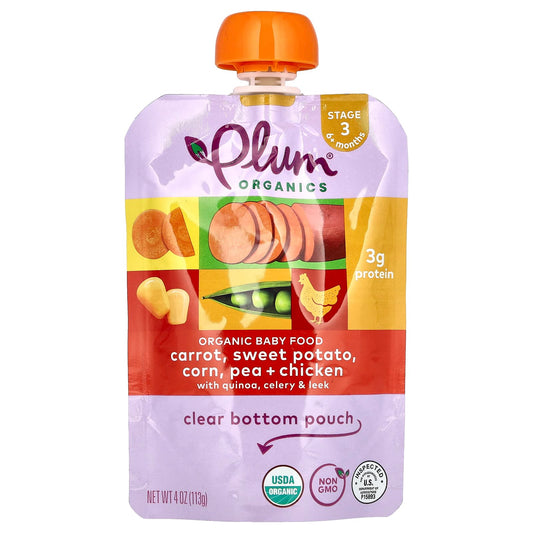 Plum Organics, Baby Food, 6+ Months, Carrot, Sweet Potato, Corn, Pea & Chicken, 4 oz (113 g) - Image 1