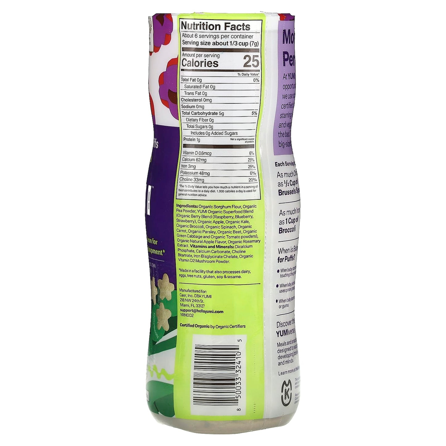 Yumi, Organic Rice-Free Puffs, 8+ Months, Berry & Sweet Pea, 1.5 oz (42.5 g) - Image 2