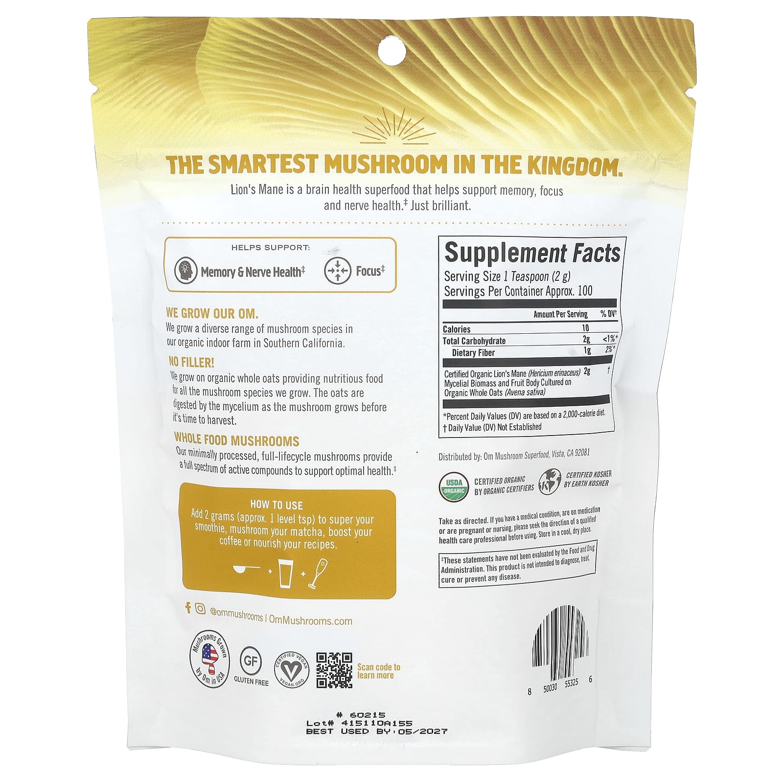 Om Mushrooms, Organic Mushroom Powder, Lion's Mane, 7.05 oz ( 200 g) - Image 2