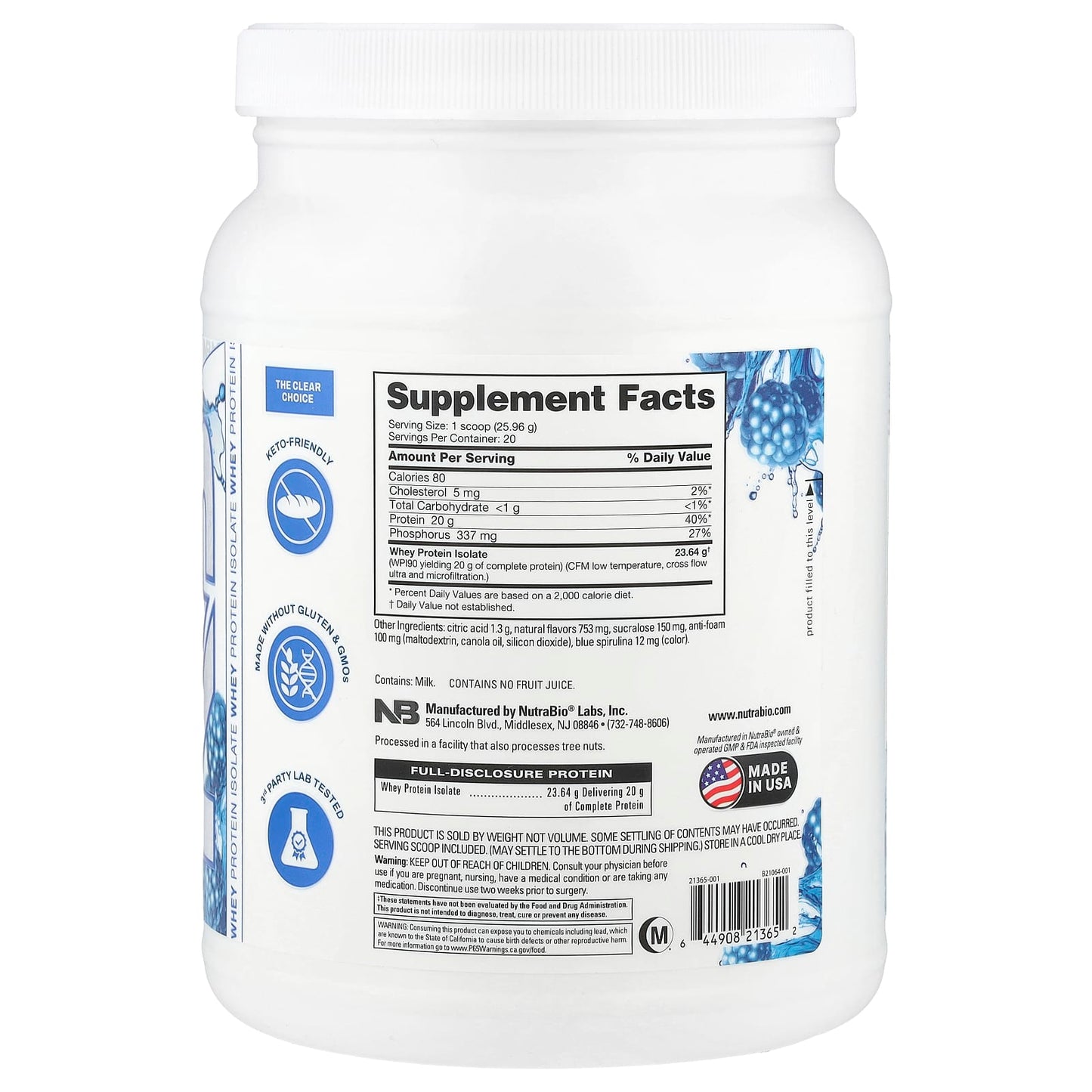 NutraBio, Performance, Clear Protein, Blue Raspberry, 1.1 lb (519 g) - Image 2