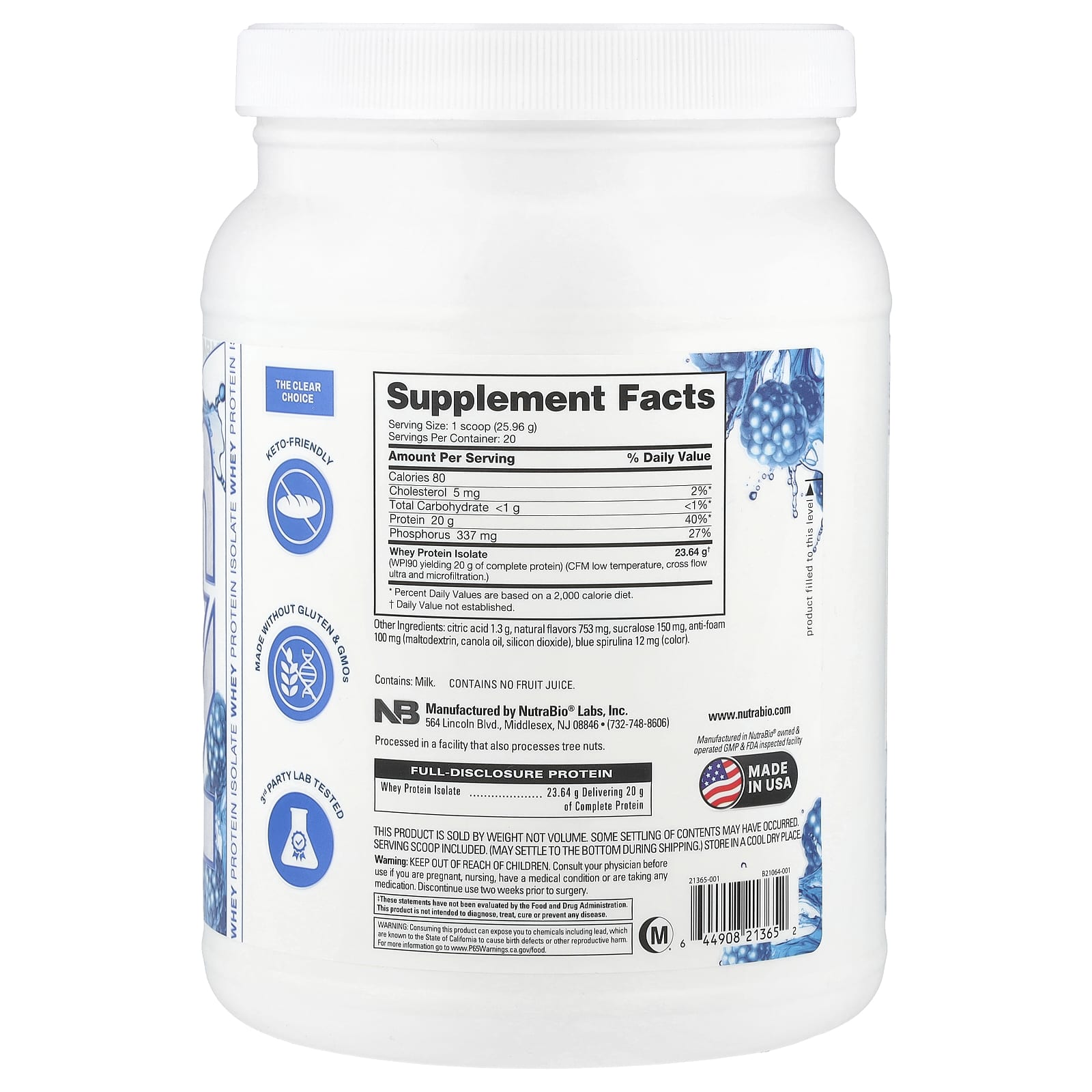NutraBio, Performance, Clear Protein, Blue Raspberry, 1.1 lb (519 g) - Image 2