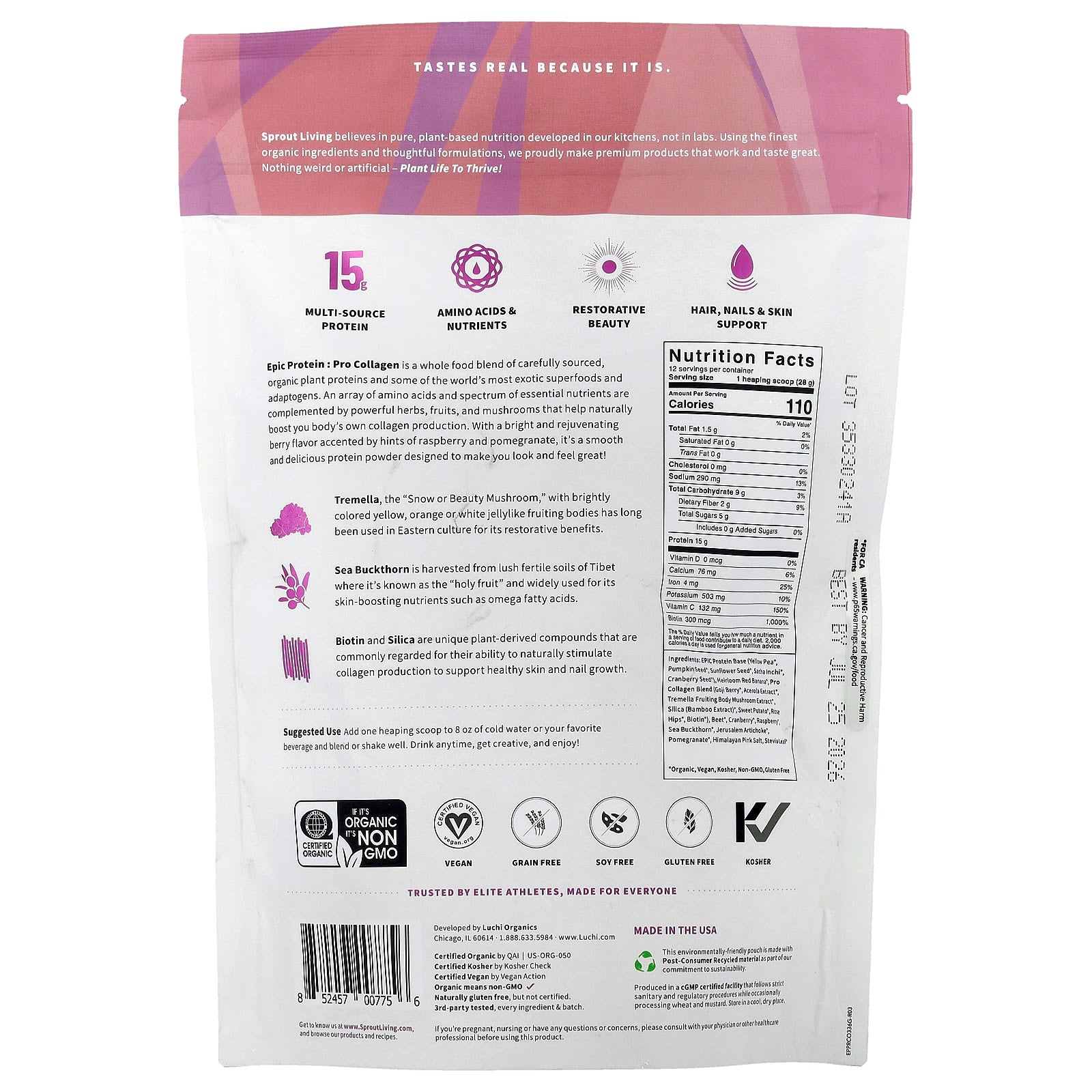 Sprout Living, Epic Protein®, Pro Collagen, Organic Plant Protein + Superfoods, 0.7 lb (336 g) - Image 2