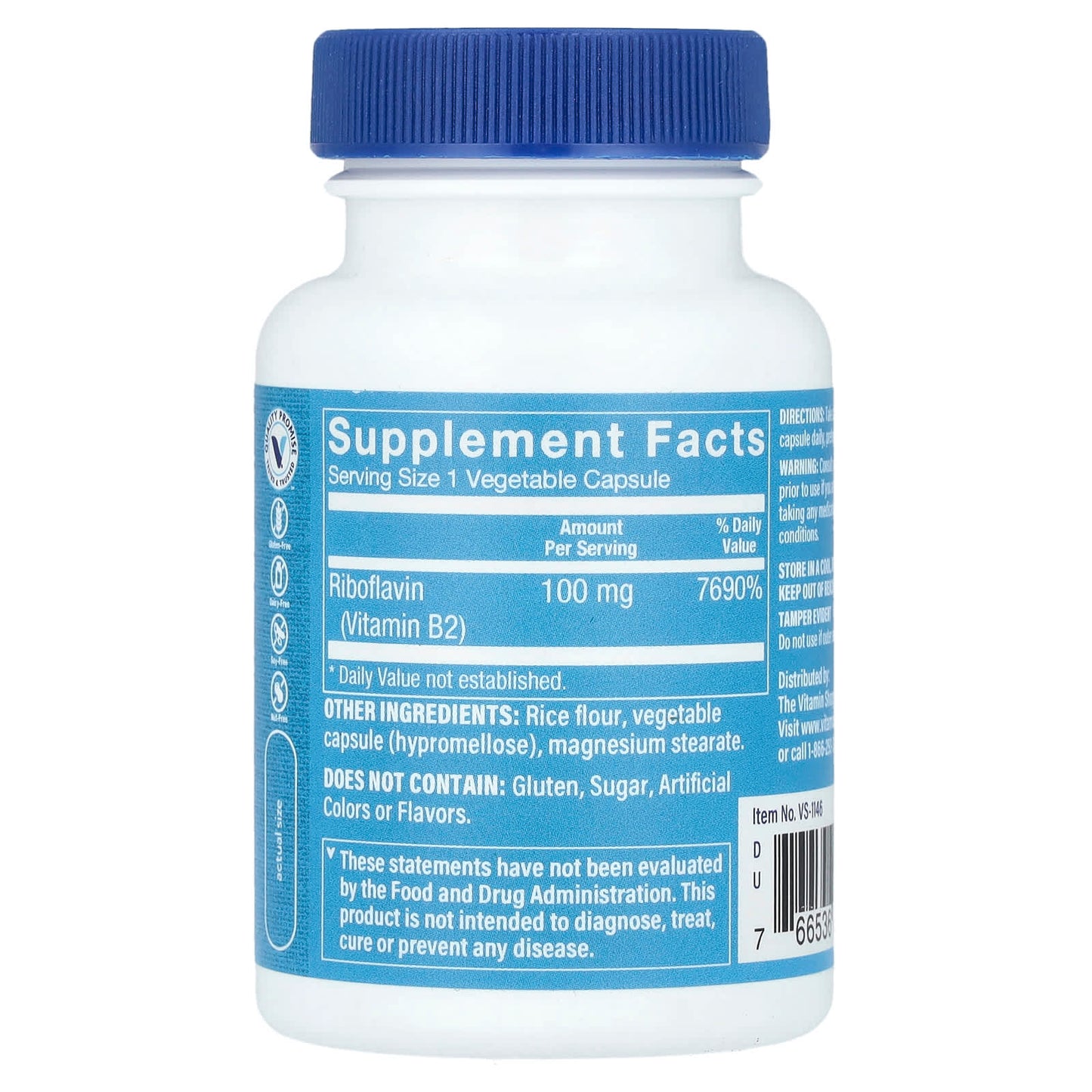 The Vitamin Shoppe, Vitamin B2 Riboflavin, 100 mg, 100 Vegetable Capsules - Image 2