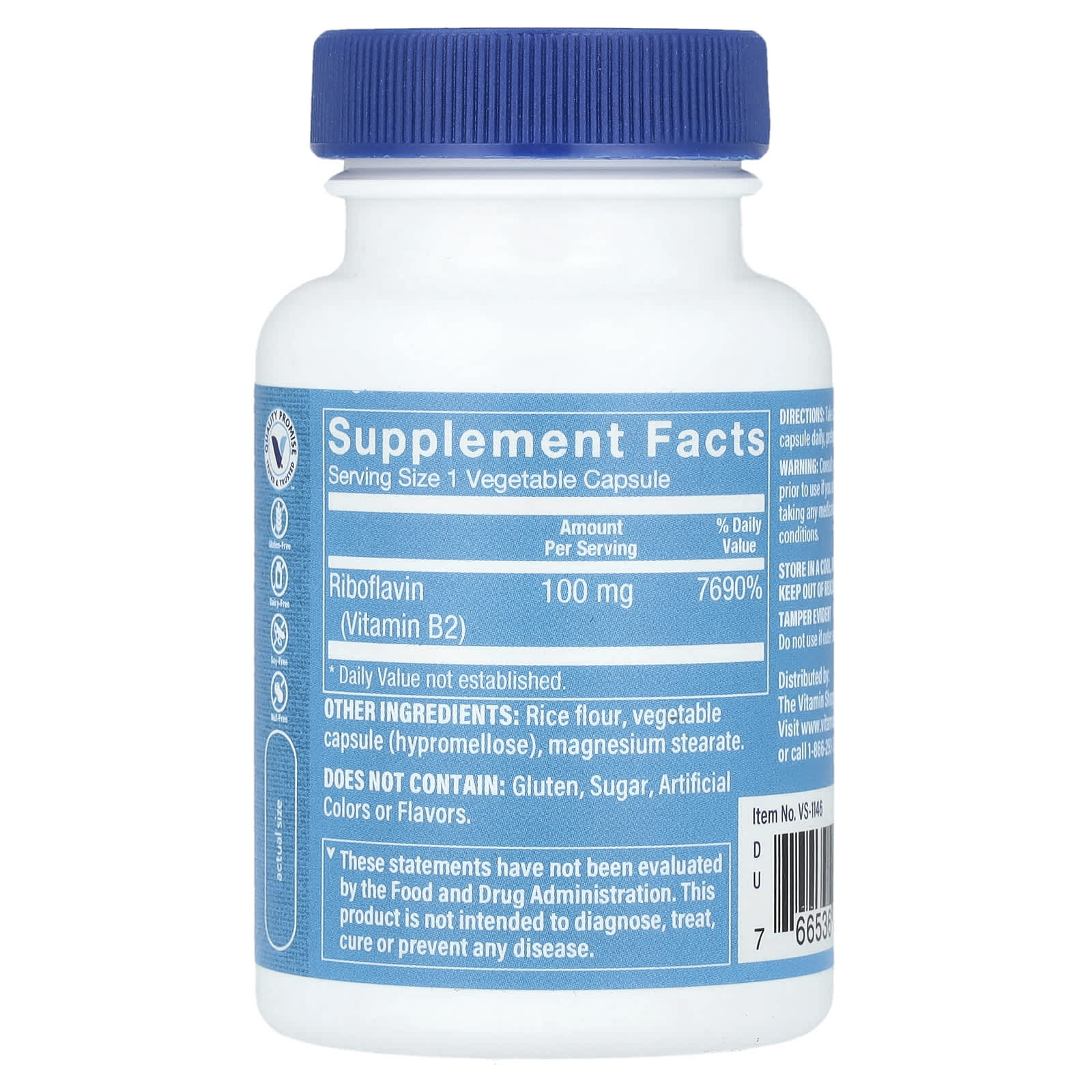 The Vitamin Shoppe, Vitamin B2 Riboflavin, 100 mg, 100 Vegetable Capsules - Image 2
