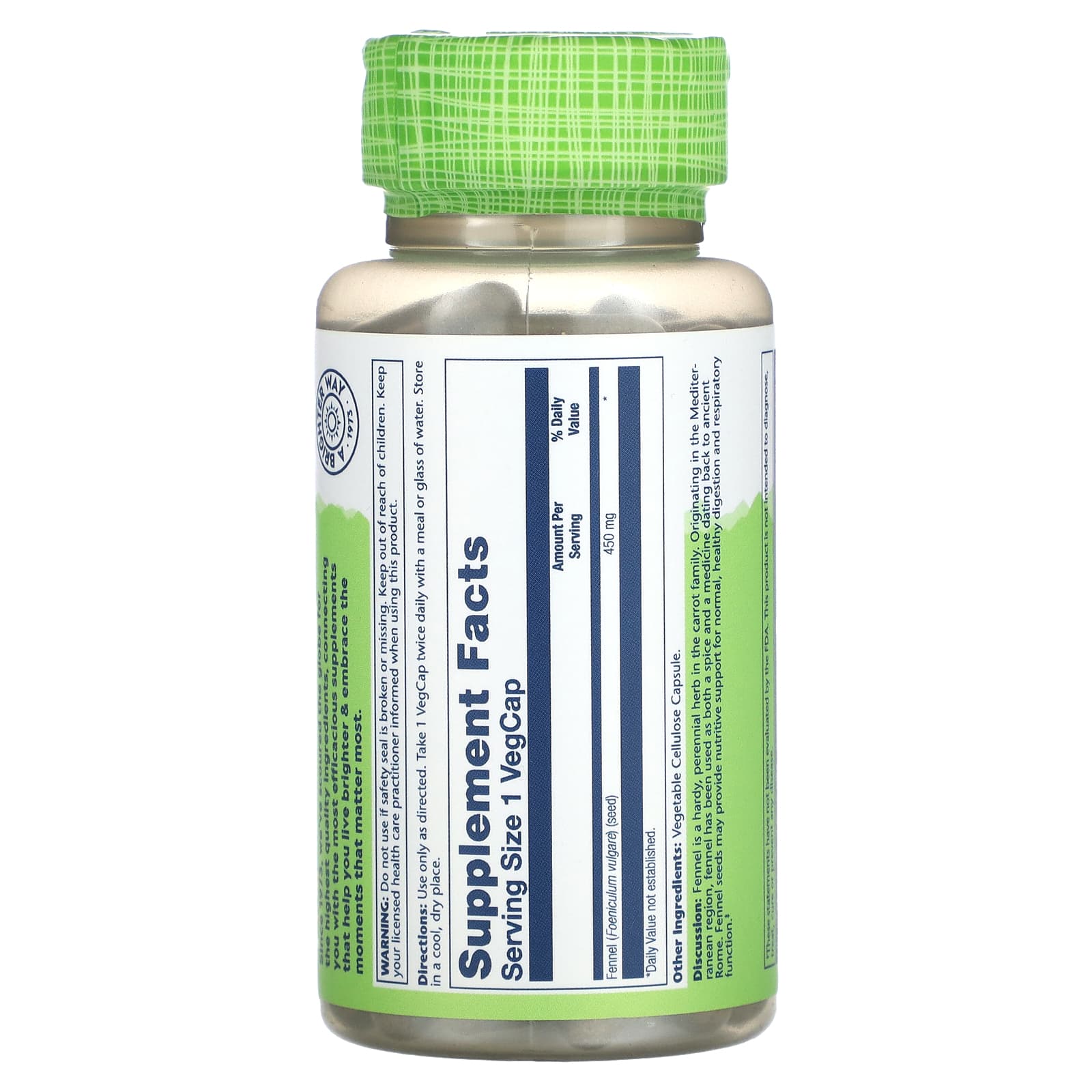 Solaray, True Herbs, Fennel, 450 mg, 100 VegCaps - Image 2