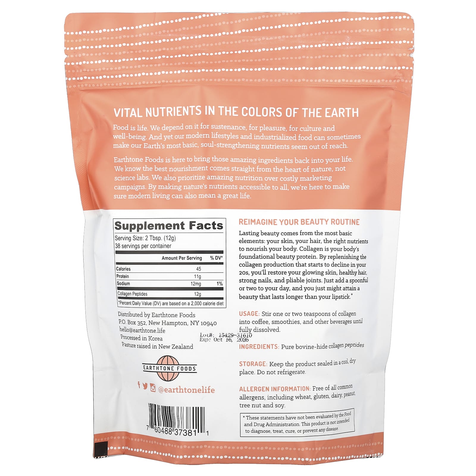 Earthtone Foods, Grass-Fed Collagen Peptides, 16 oz (454 g)