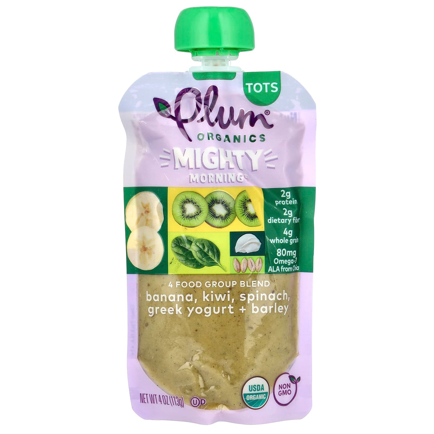 Plum Organics, Mighty Morning, 4 Food Group Blend, Tots, Banana, Kiwi, Spinach, Greek Yogurt + Barley, 4 oz (113 g) - Image 1