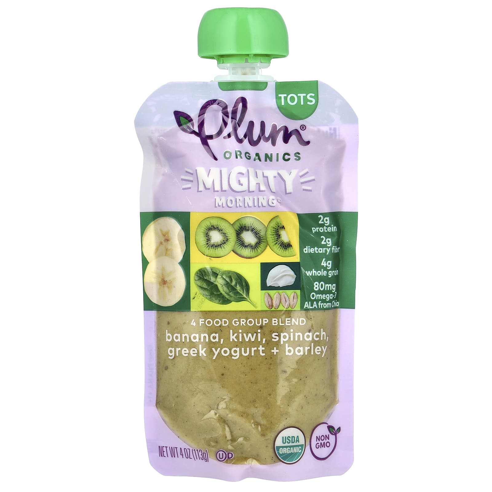 Plum Organics, Mighty Morning, 4 Food Group Blend, Tots, Banana, Kiwi, Spinach, Greek Yogurt + Barley, 4 oz (113 g) - Image 1