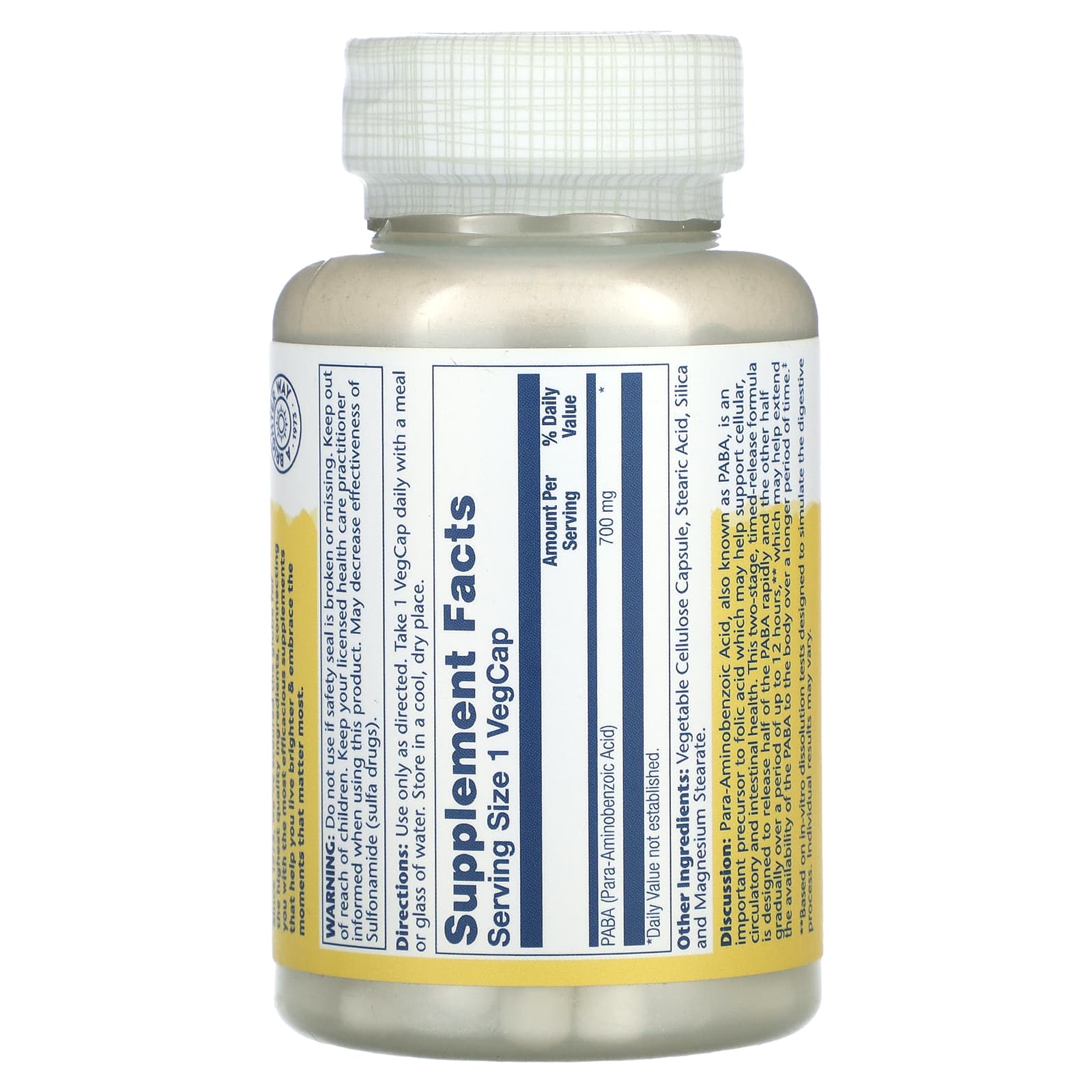 Solaray, Timed Release PABA, 700 mg, 100 VegCaps - Image 2