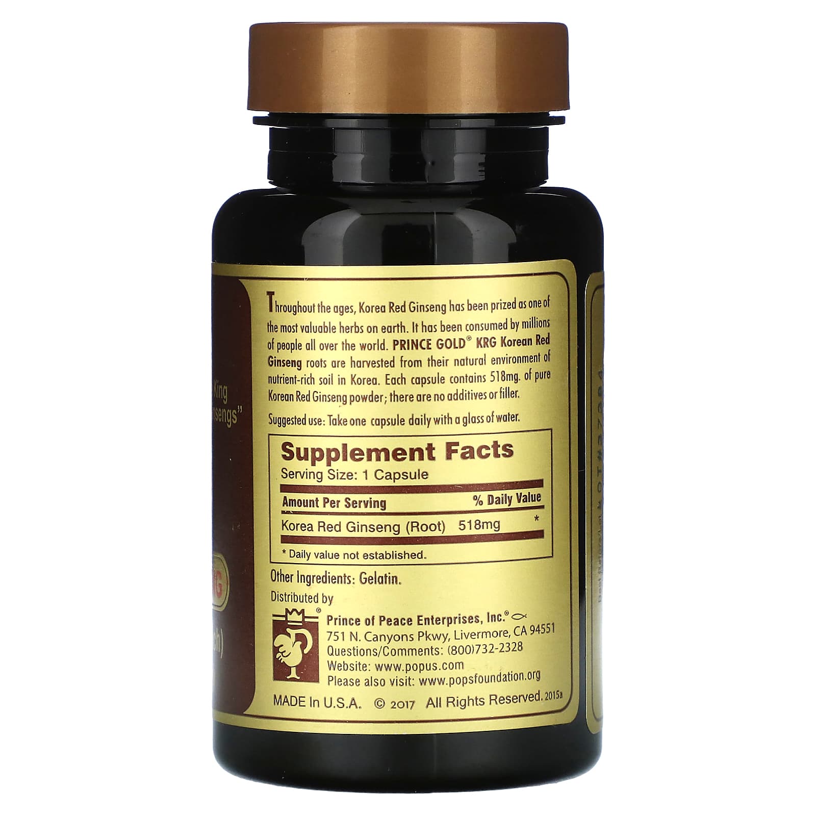 Prince of Peace, Prince Gold, Korean Red Ginseng, 518 mg, 50 Capsules - Image 2