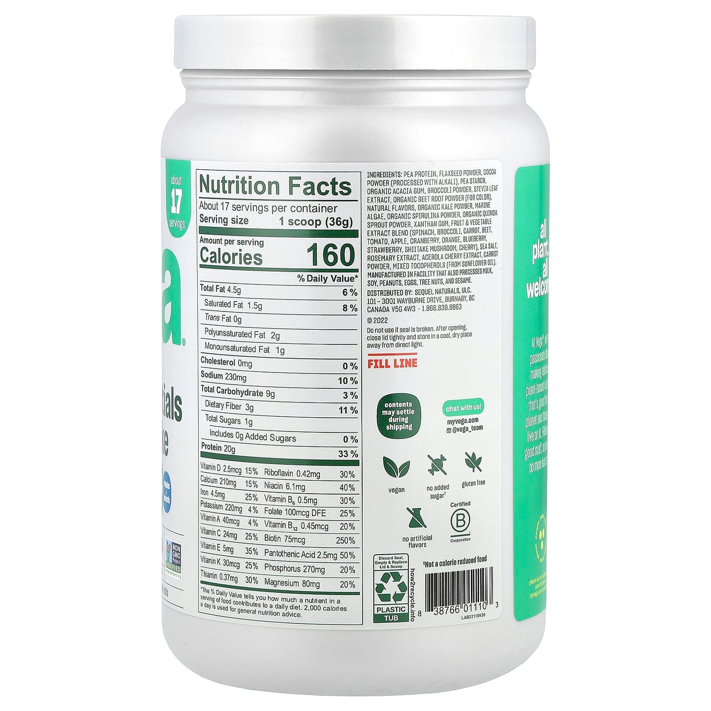 Vega, Plant-Based Essentials Shake, Chocolate, 1 lb 5.6 oz (613 g) - Image 2