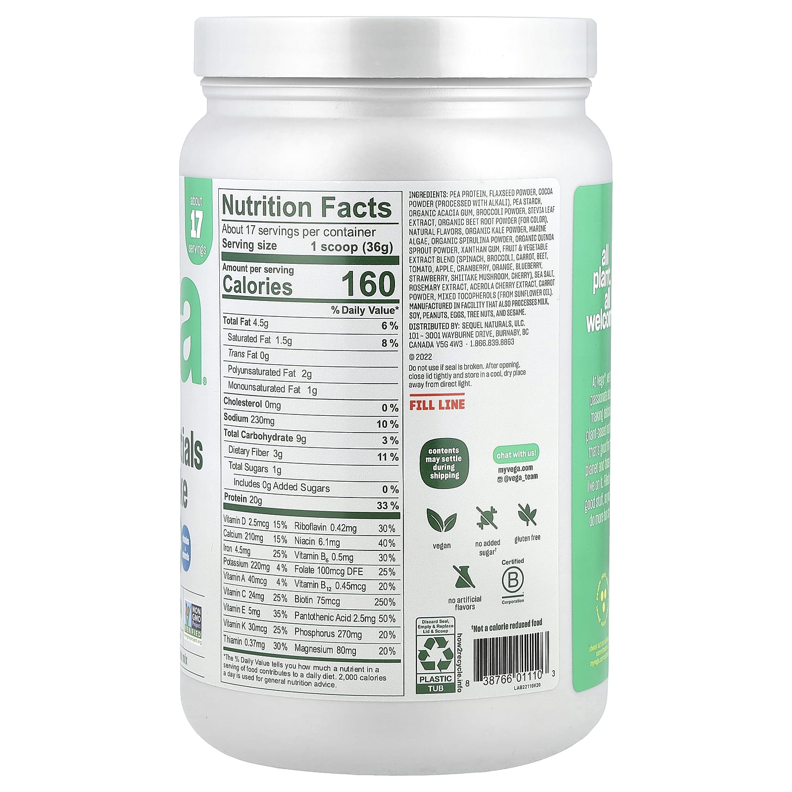 Vega, Plant-Based Essentials Shake, Chocolate, 1 lb 5.6 oz (613 g) - Image 2