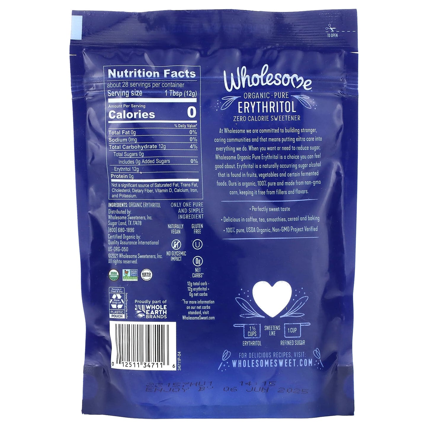 Wholesome Sweeteners, Organic-Pure Erythritol, Zero Calorie Sweetener, 12 oz (340 g) - Image 2