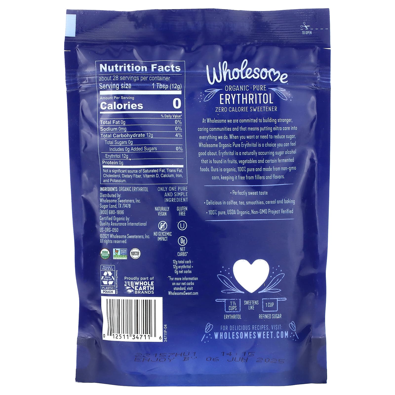 Wholesome Sweeteners, Organic-Pure Erythritol, Zero Calorie Sweetener, 12 oz (340 g) - Image 2