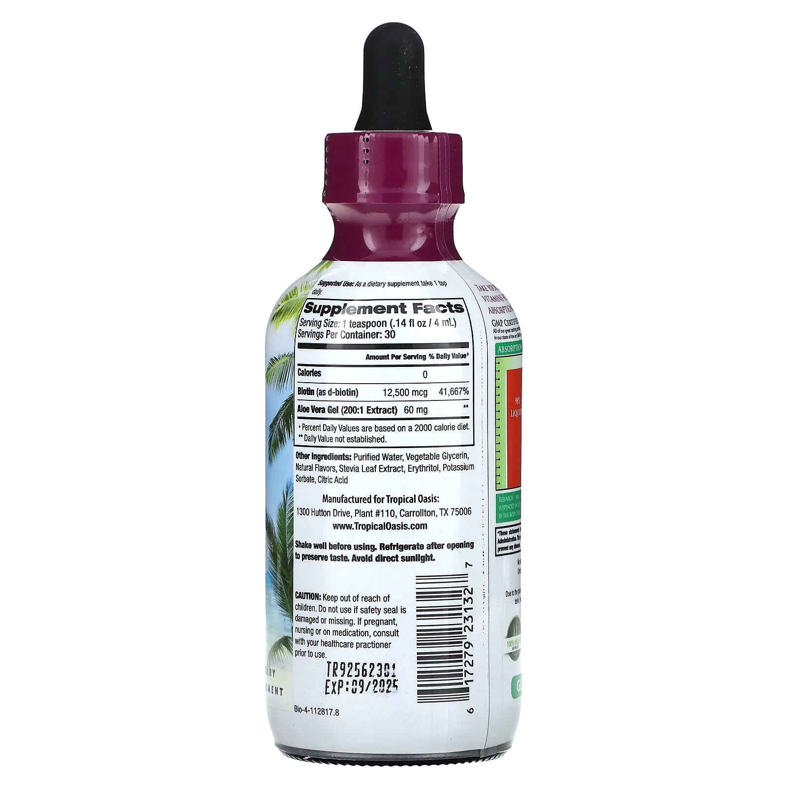 Tropical Oasis, Biotin, Maximum Strength, with Aloe Vera, 12,500 mcg, 4 fl oz (120 ml) - Image 2